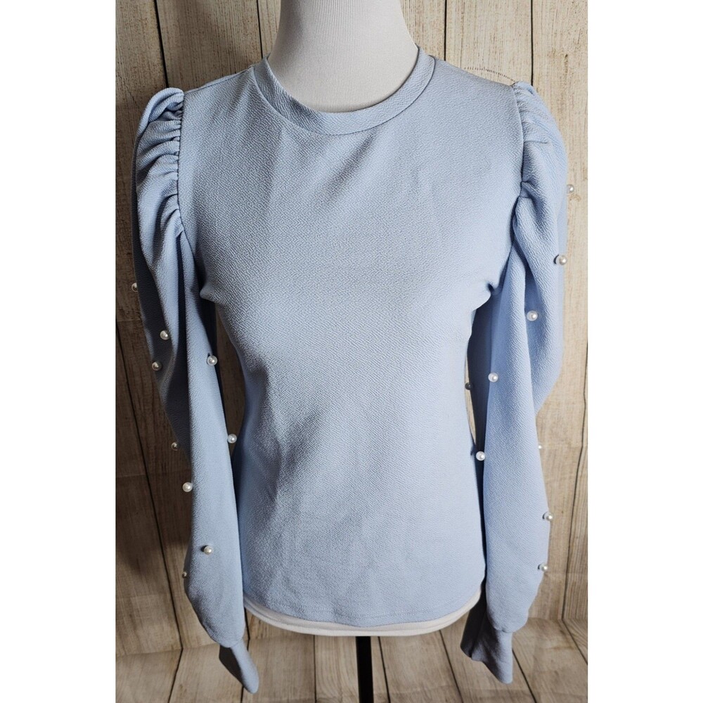 SHEIN Womens Medium Blue Pearl Embellished Puff Sleeve Blouse Romantic